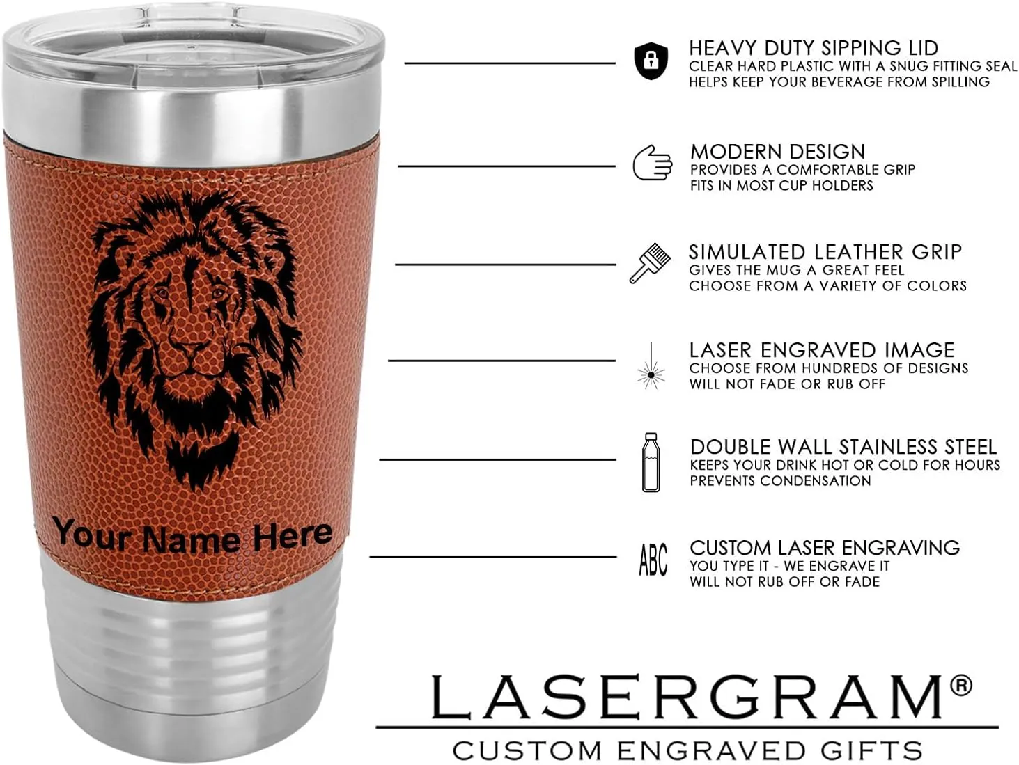 LaserGram 20oz Vacuum Insulated Tumbler Mug, Bass Fish, Personalized Engraving Included (Faux Leather, Basketball Style)