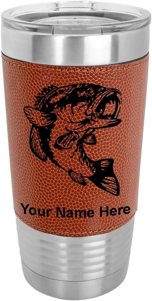 LaserGram 20oz Vacuum Insulated Tumbler Mug, Bass Fish, Personalized Engraving Included (Faux Leather, Basketball Style)