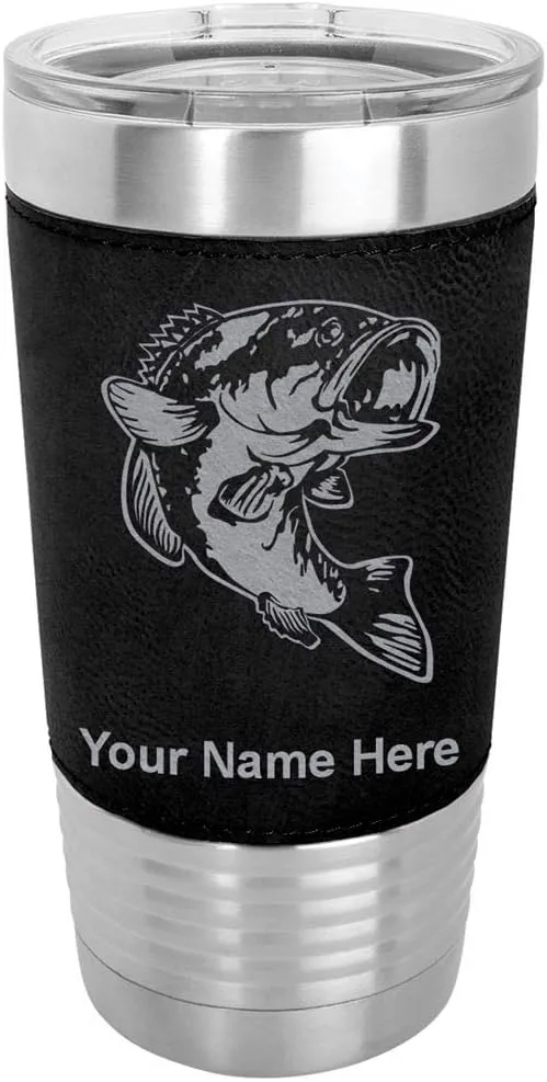 LaserGram 20oz Vacuum Insulated Tumbler Mug, Bass Fish, Personalized Engraving Included (Faux Leather, Black)