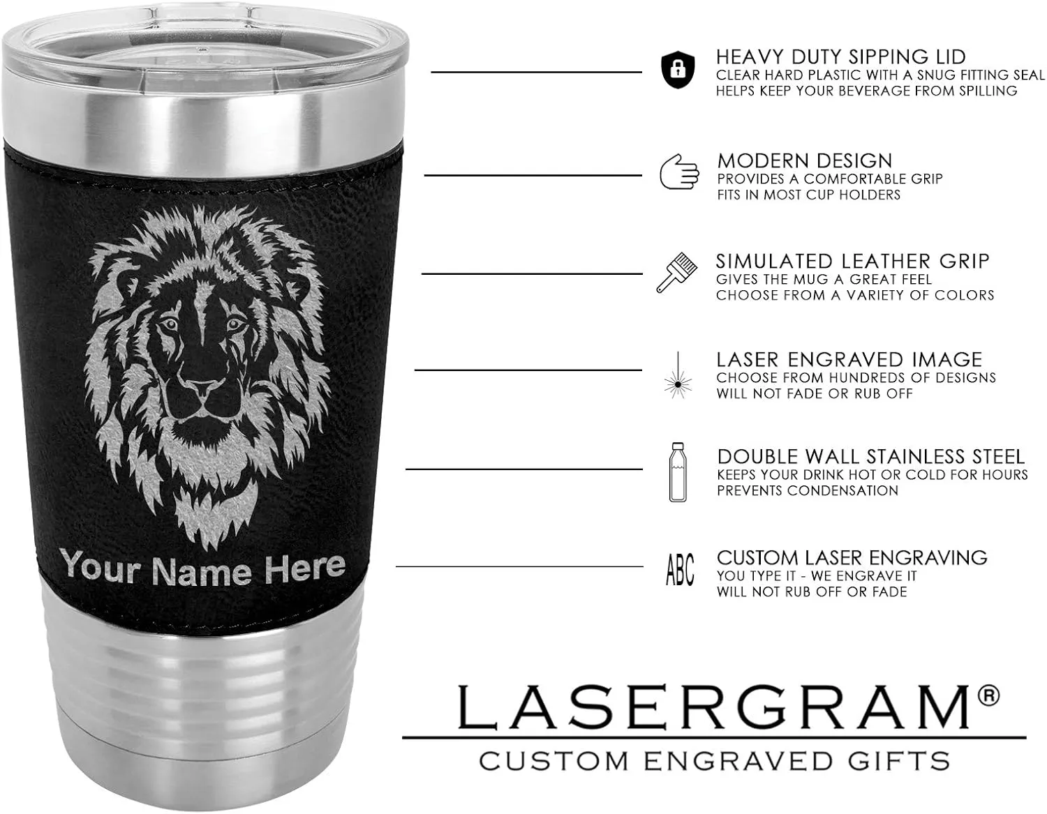 LaserGram 20oz Vacuum Insulated Tumbler Mug, Bass Fish, Personalized Engraving Included (Faux Leather, Black)
