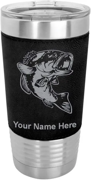 LaserGram 20oz Vacuum Insulated Tumbler Mug, Bass Fish, Personalized Engraving Included (Faux Leather, Black)