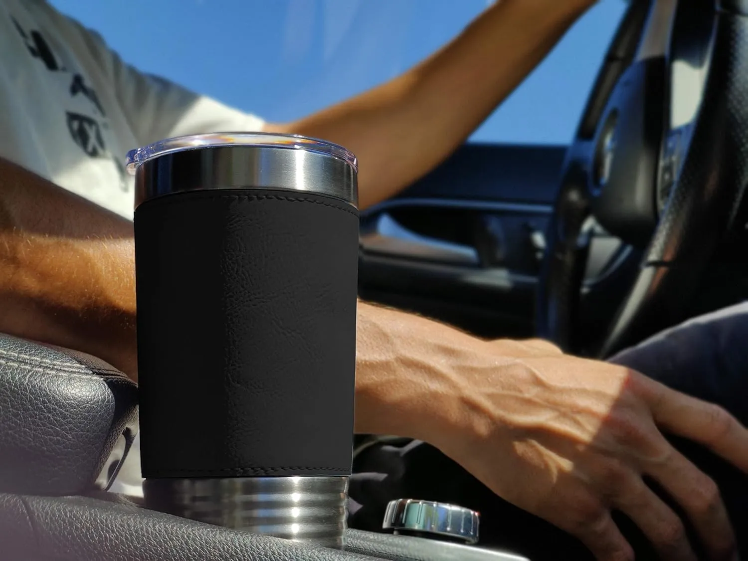 LaserGram 20oz Vacuum Insulated Tumbler Mug, Bass Fish, Personalized Engraving Included (Faux Leather, Black)