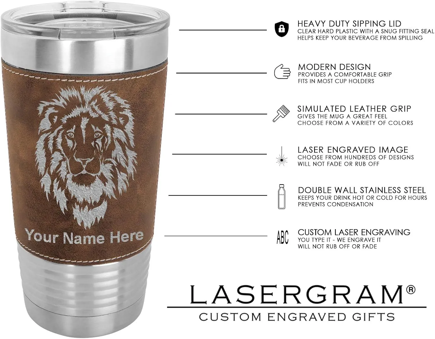 LaserGram 20oz Vacuum Insulated Tumbler Mug, Bass Fish, Personalized Engraving Included (Faux Leather, Rustic)