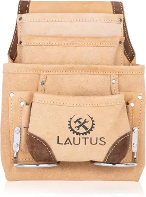LAUTUS Leather Tool Pouch Bag |Carpenter, Construction, Framers, Handyman |2 Hammer Holders, 10 Pockets|