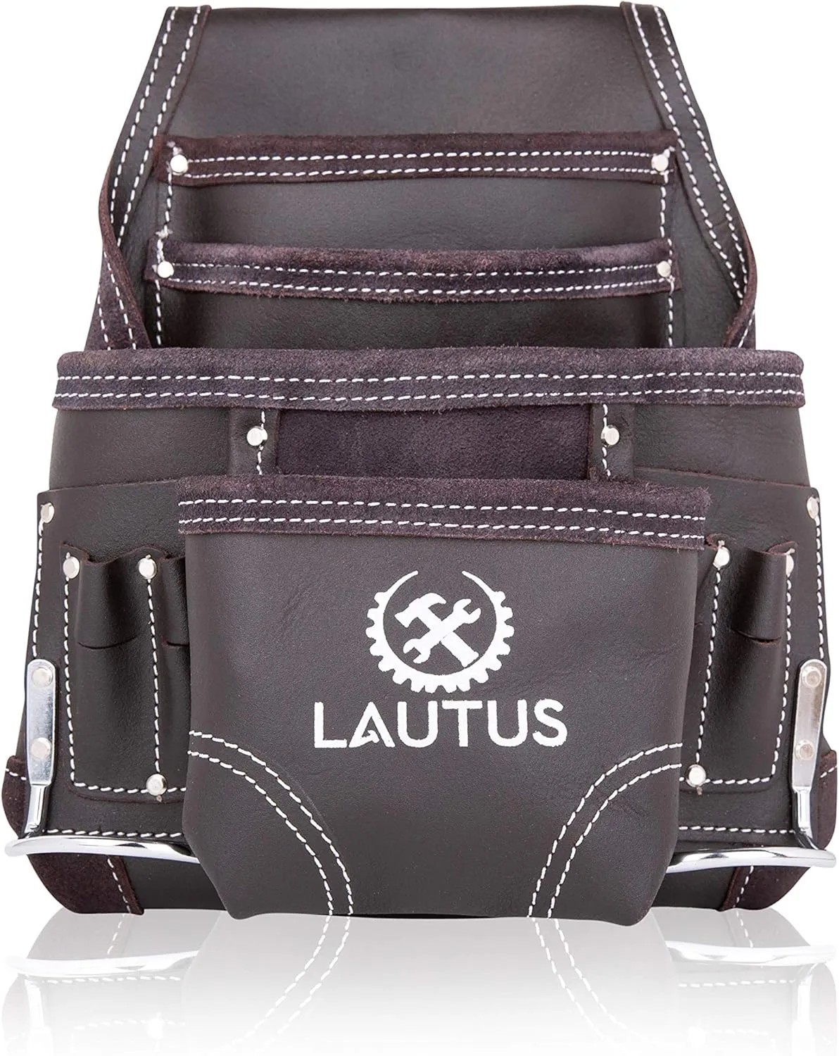 LAUTUS Oil Tanned Leather Tool Pouch Bag | Carpenter, Construction, Framers, Handyman | 10 Pockets, 2 Hammer Holders | 100% Leather Dark Brown