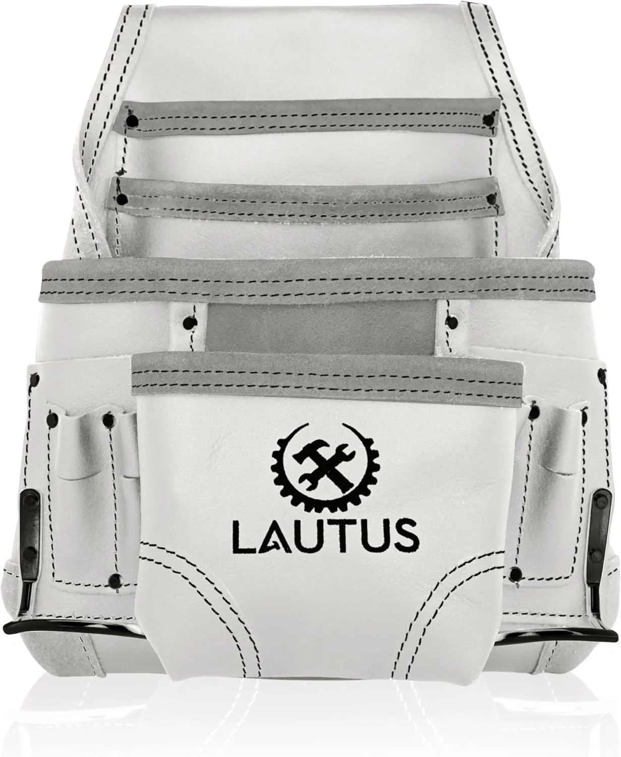 LAUTUS Oil Tanned Leather Tool Pouch Bag | White| Carpenter, Construction, Framers, Handyman | 10 Pockets, 2 Hammer Holders | 100% Leather