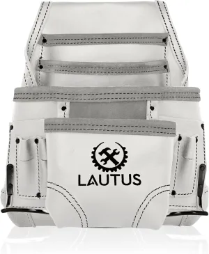 LAUTUS Oil Tanned Leather Tool Pouch Bag | White| Carpenter, Construction, Framers, Handyman | 10 Pockets, 2 Hammer Holders | 100% Leather