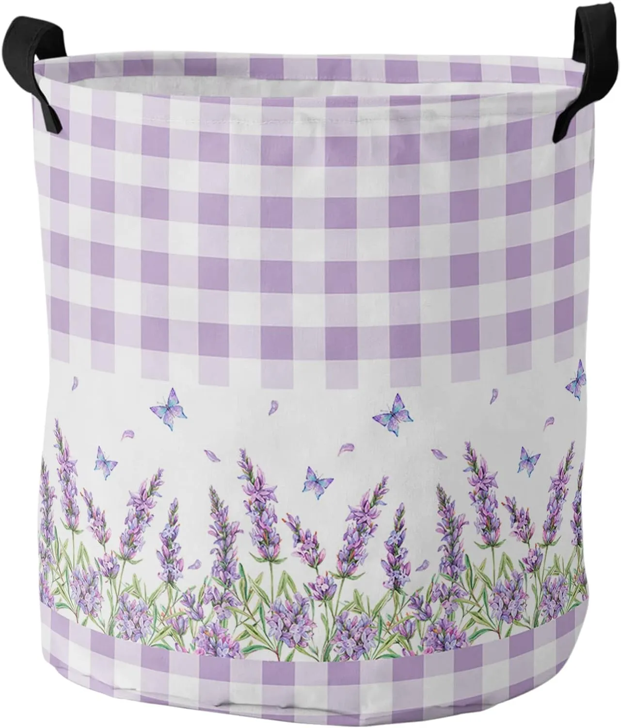Lavender Butter-fly Laundry Basket, Collapsible Bag with Easy Carry Handles, Purple Blue Watercolor Floral Waterproof Foldable Freestanding Hamper, Folding Washing Bin Clothes Storage Round