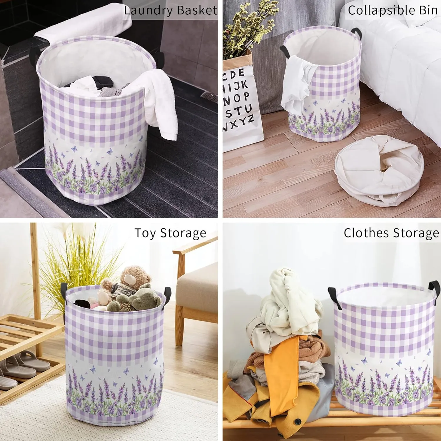 Lavender Butter-fly Laundry Basket, Collapsible Bag with Easy Carry Handles, Purple Blue Watercolor Floral Waterproof Foldable Freestanding Hamper, Folding Washing Bin Clothes Storage Round