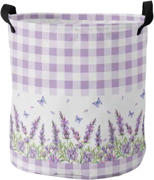 Lavender Butter-fly Laundry Basket, Collapsible Bag with Easy Carry Handles, Purple Blue Watercolor Floral Waterproof Foldable Freestanding Hamper, Folding Washing Bin Clothes Storage Round