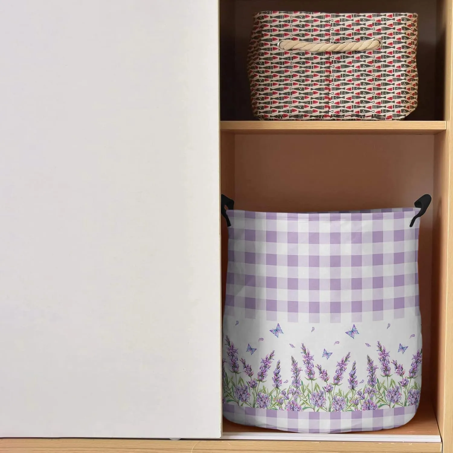 Lavender Butter-fly Laundry Basket, Collapsible Bag with Easy Carry Handles, Purple Blue Watercolor Floral Waterproof Foldable Freestanding Hamper, Folding Washing Bin Clothes Storage Round