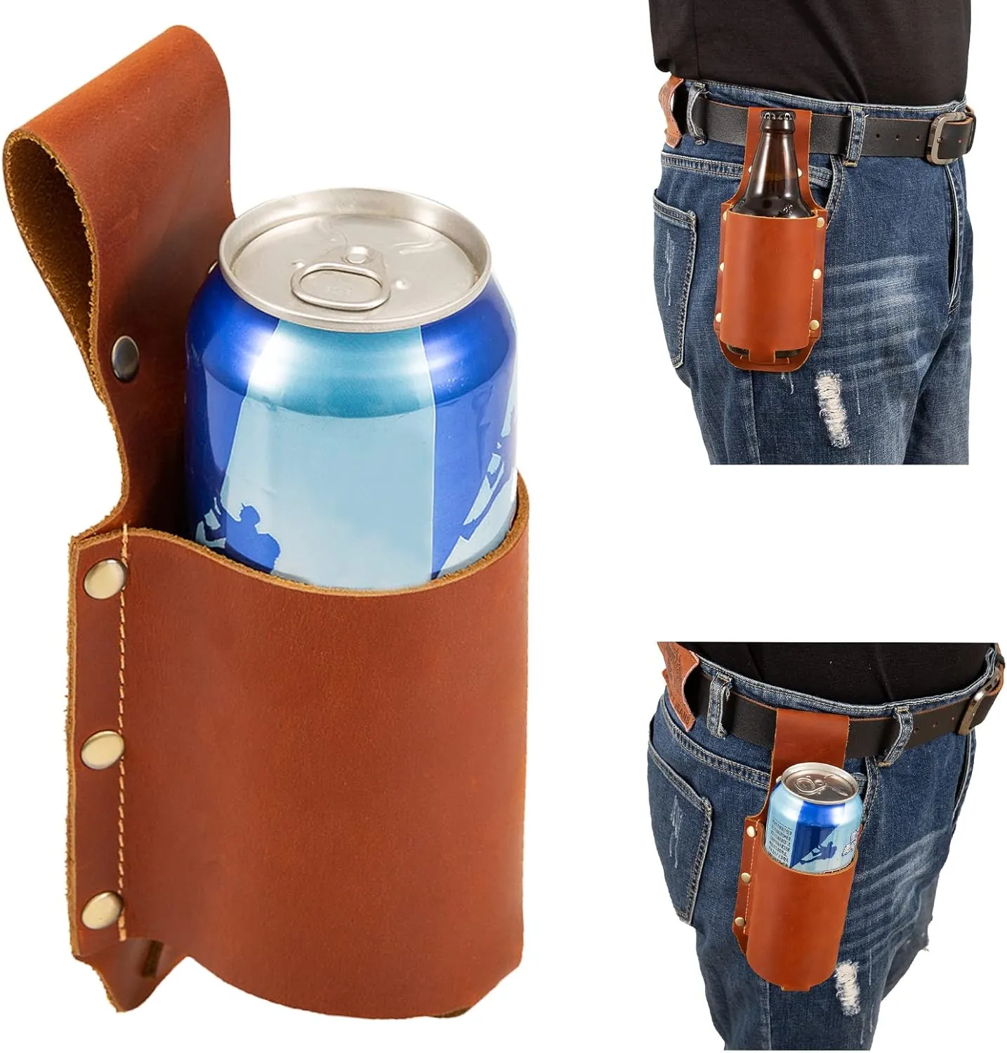 Leather Beer Holster Belt Holder - Bottle Holders for Beer Drinkers/Lovers - Grilling Gifts for Men/Father Day/Christmas