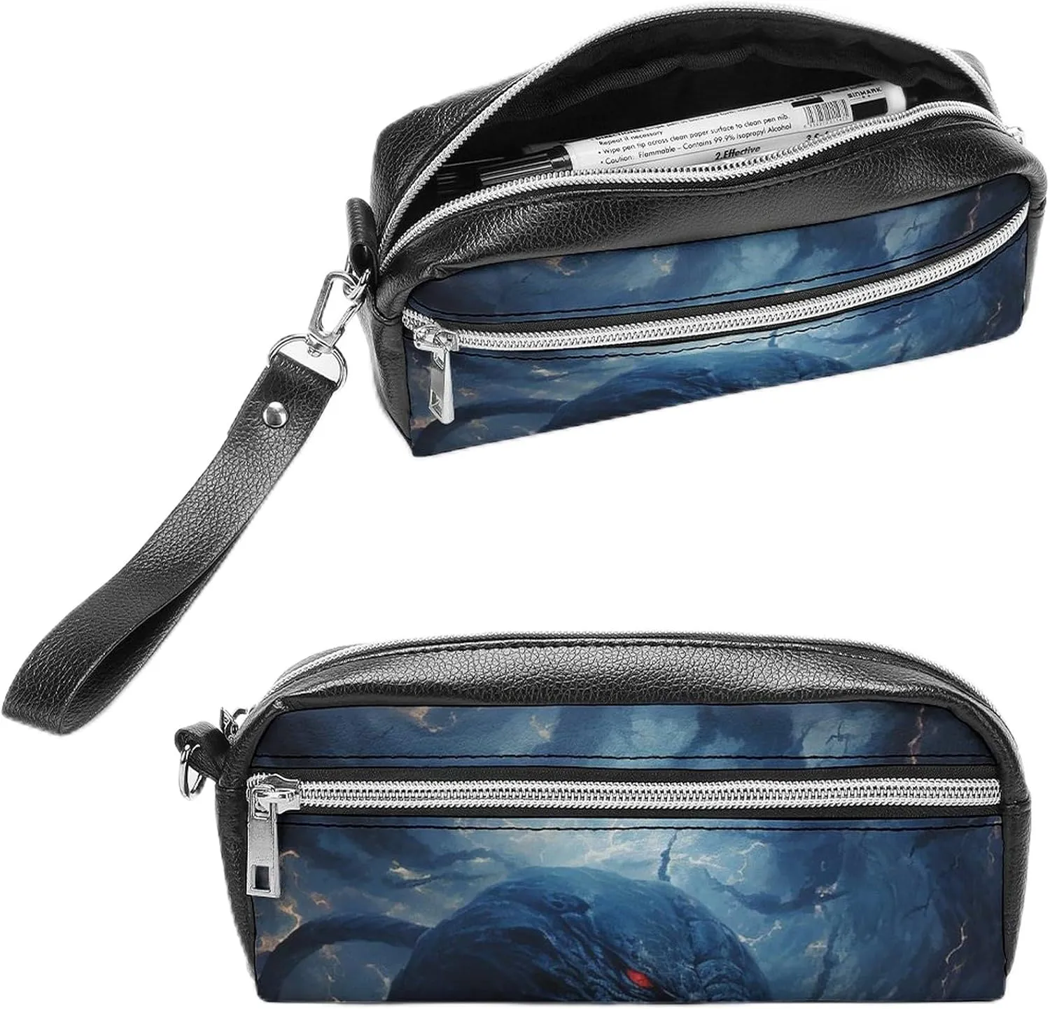 Leather Pencil Cases Black Snake in Flames Pen Pouch Travel Cosmetic Bag for Purse Portable Makeup Brush Bag Holder Coin Purse for Women Makeup Case Purse Organizer