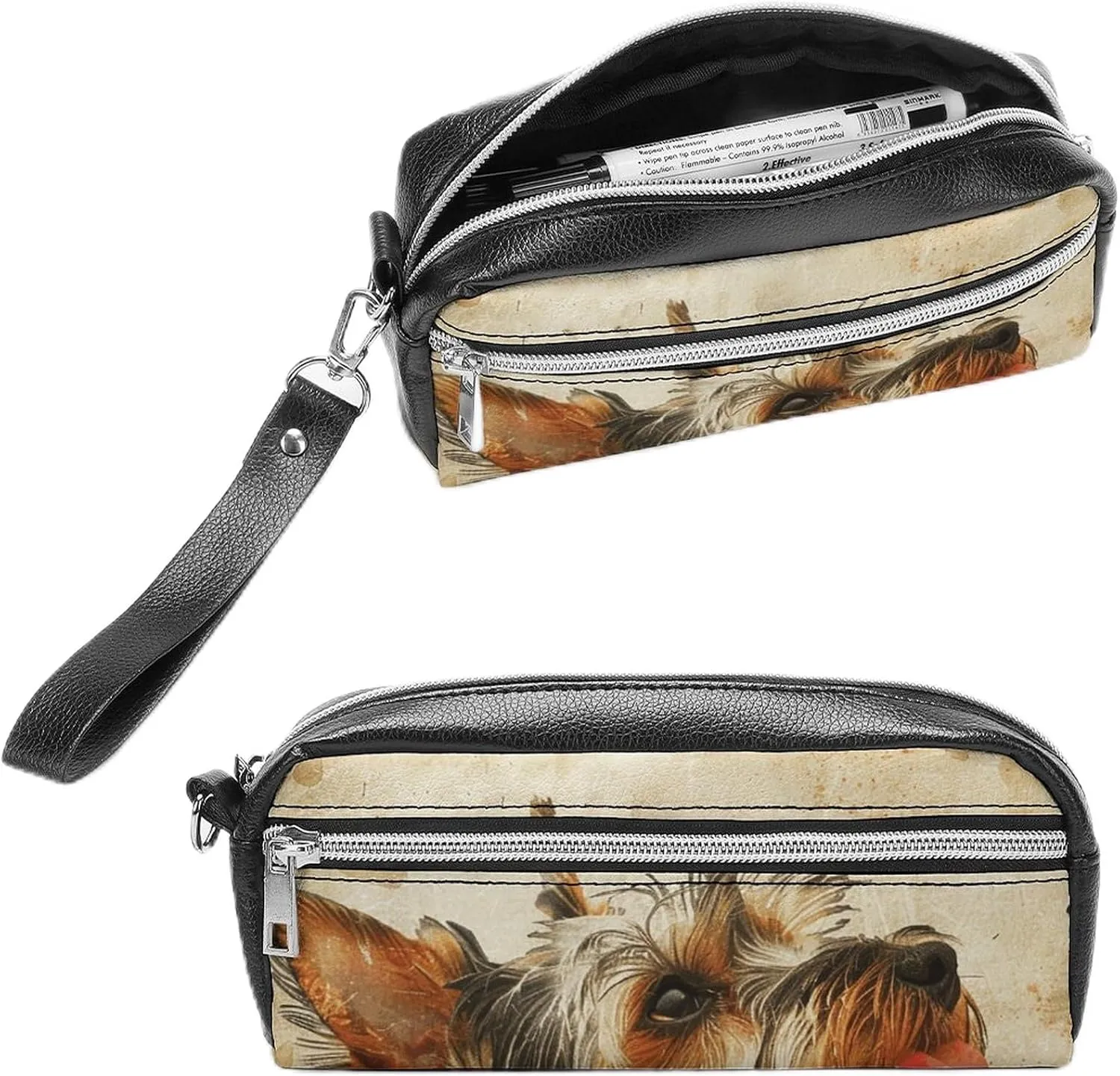 Leather Pencil Cases Dog Sticking Out Tongue Pen Pouch Travel Cosmetic Bag for Purse Portable Makeup Brush Bag Holder Coin Purse for Women Makeup Case Organizer