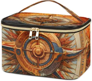 Leather Travel Makeup Bag Large Portable Cosmetic Organizer Bags for Women Cute Skincare Toiletry Case Big Makeup Brush Pouch Warm Colors Eternal Compass