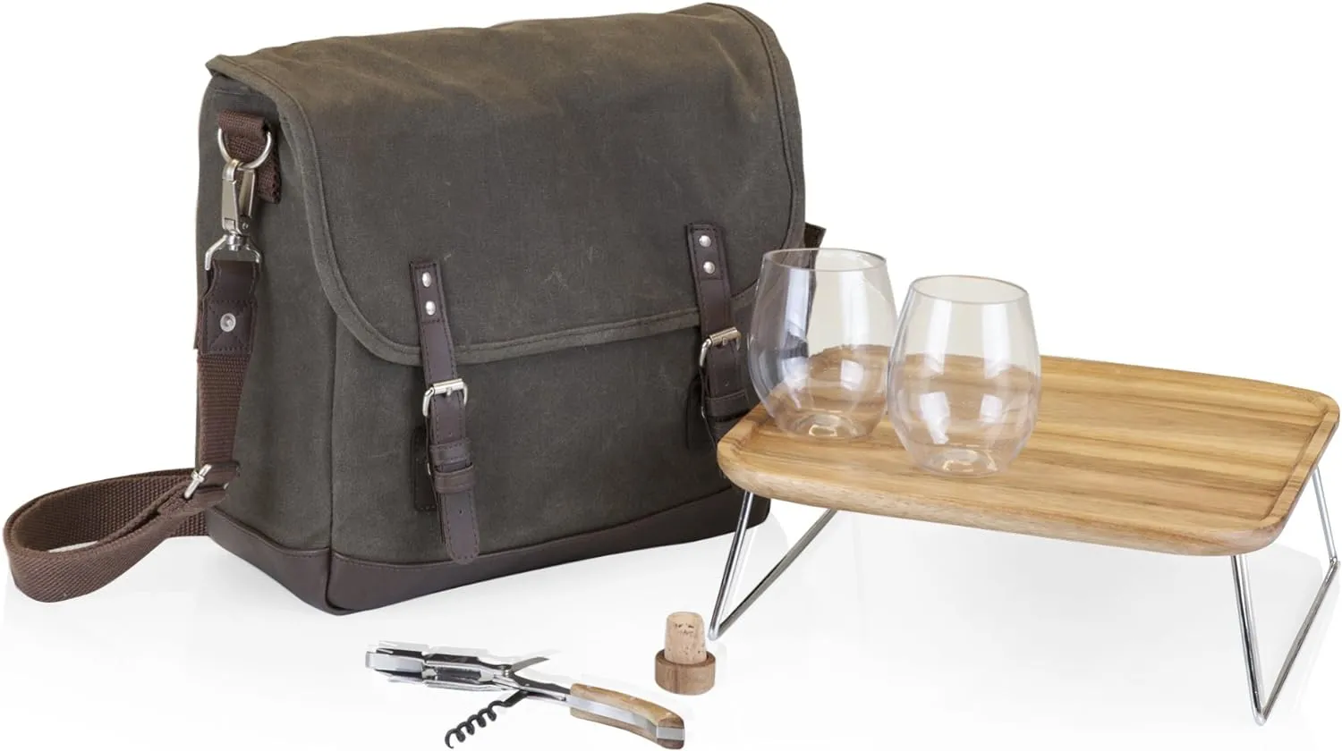 LEGACY - a Picnic Time Brand Adventure Wine Tote Glasses and Mini Table, 2 Bottle Picnic Bag, (Khaki Green with Brown Accents)