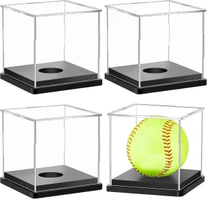 Leinuosen 4 Packs Softball Display Case Plastic Softball Holder Stand Baseball Display Case Memorabilia Acrylic Box UV Protected Clear Cube for Baseball Tennis Ball Sports Ball Storage