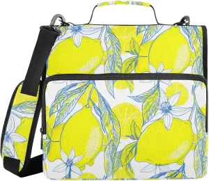 Lemon Flowers Yellow 3 Ring Zipper Binder with Shoulder Strap Portfolio Binder Bag for Work Business School Document Storage
