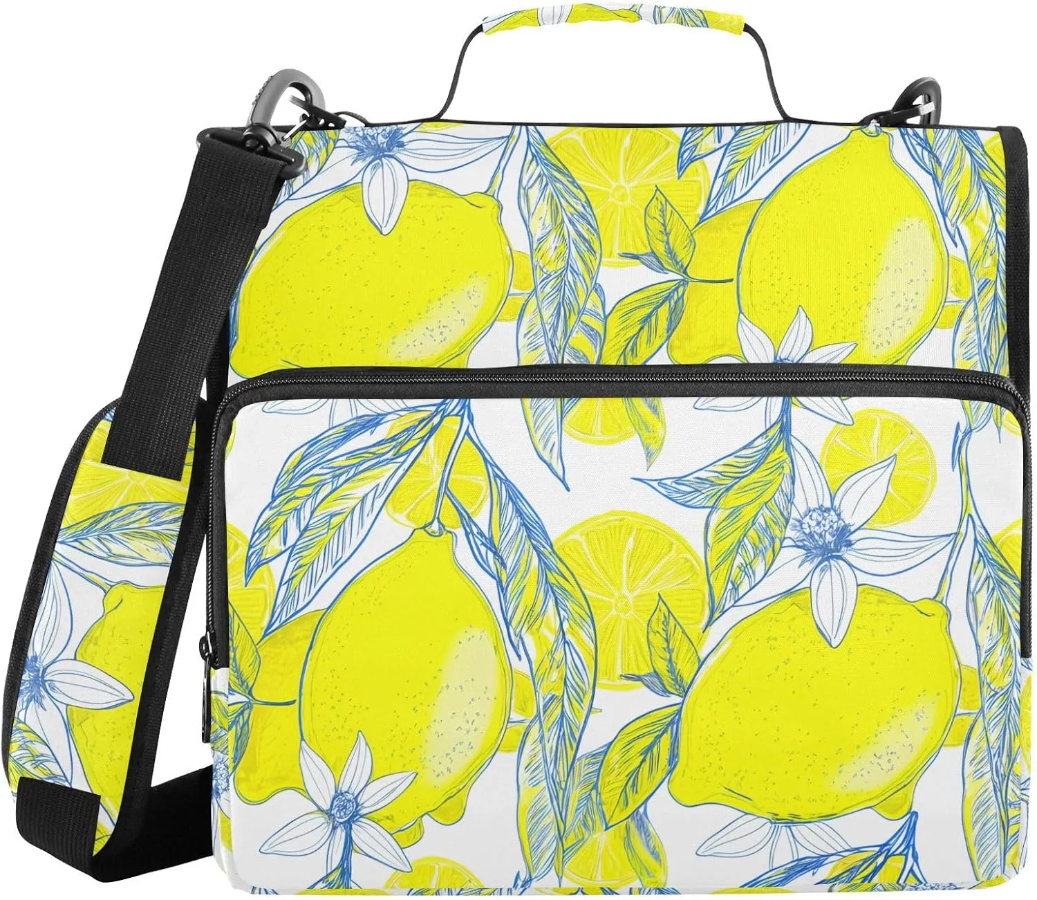 Lemon Flowers Yellow 3 Ring Zipper Binder with Shoulder Strap Portfolio Binder Bag for Work Business School Document Storage