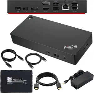 Lenovo 40AY0090US Dock Dual Monitor Bundle - Lenovo Docking Station USB C, Thinkpad Dock with AC Adapter   HDMI Cable   DisplayPort Cable   USB C Cable   Microfiber Cloth (Renewed)