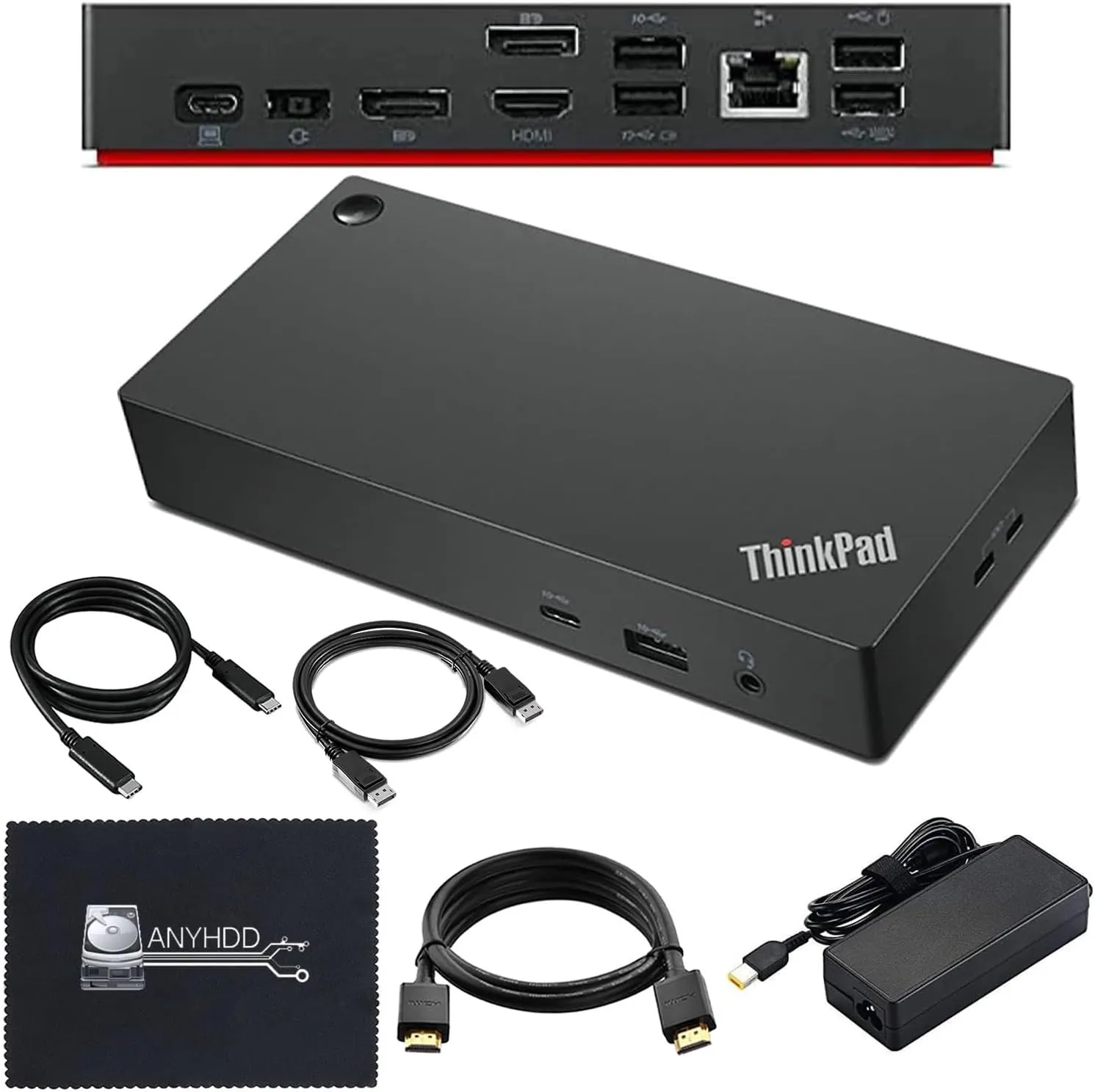 Lenovo 40AY0090US Dock Dual Monitor Bundle - Lenovo Docking Station USB C, Thinkpad Dock with AC Adapter   HDMI Cable   DisplayPort Cable   USB C Cable   Microfiber Cloth (Renewed)