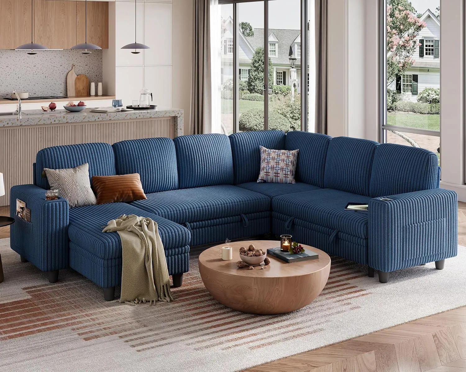LINSY HOME Sectional Sleeper Sofa with Pull Out Couch Bed - Convertible Plush Corduroy Cloud Couch with Storage Chaise & USB Charging, Oversized Comfy Modular Couches for Living Room, Blue
