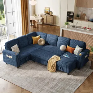 LINSY HOME Sectional Sleeper Sofa with Pull Out Couch Bed - Convertible Plush Corduroy Cloud Couch with Storage Chaise & USB Charging, Oversized Comfy Modular Couches for Living Room, Blue
