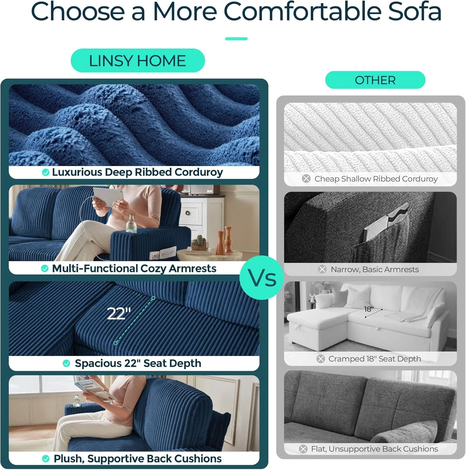LINSY HOME Sectional Sleeper Sofa with Pull Out Couch Bed - Convertible Plush Corduroy Cloud Couch with Storage Chaise & USB Charging, Oversized Comfy Modular Couches for Living Room, Blue