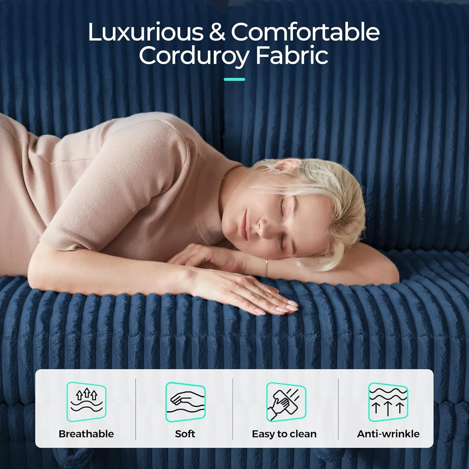 LINSY HOME Sectional Sleeper Sofa with Pull Out Couch Bed - Convertible Plush Corduroy Cloud Couch with Storage Chaise & USB Charging, Oversized Comfy Modular Couches for Living Room, Blue