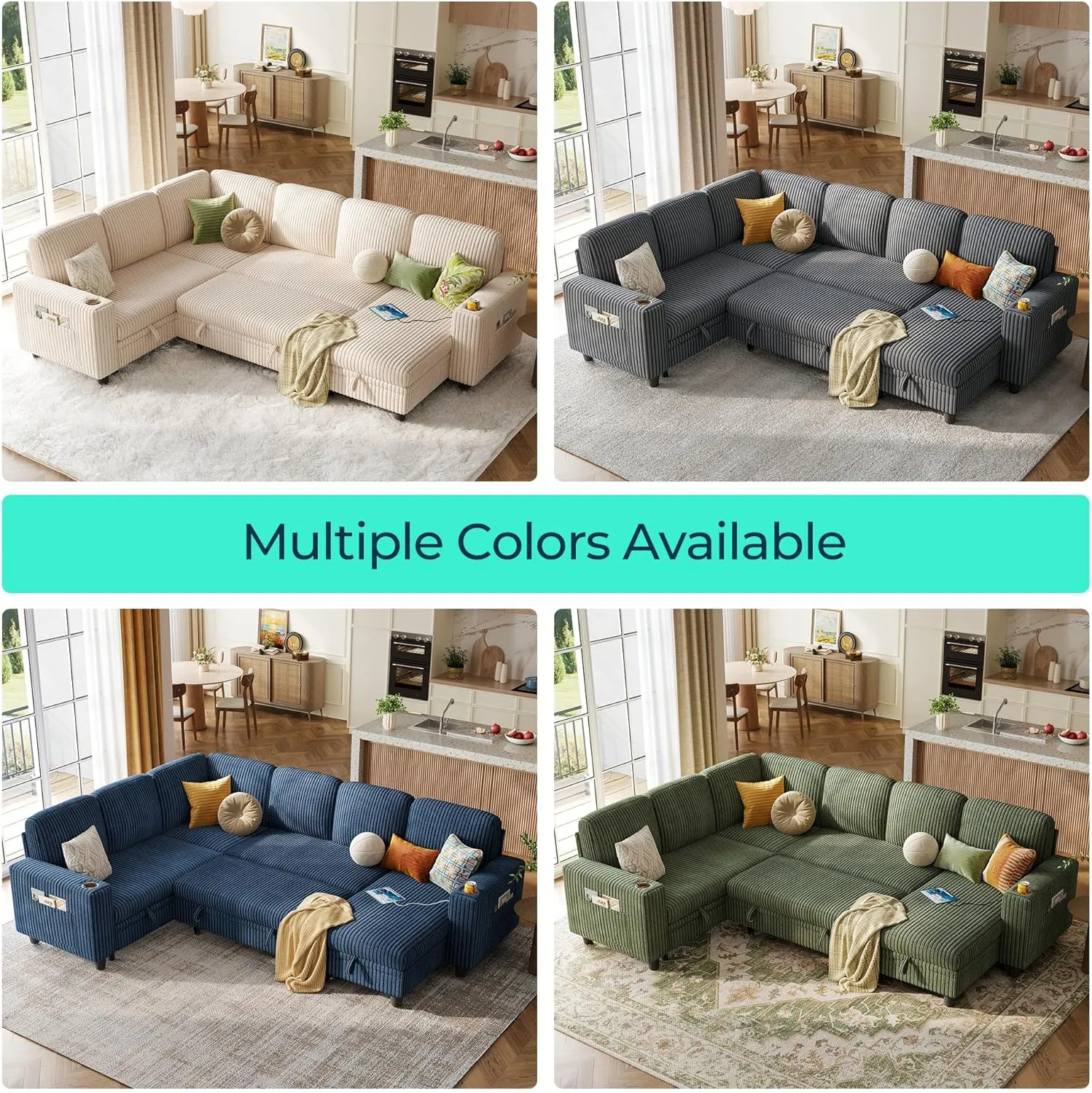 LINSY HOME Sectional Sleeper Sofa with Pull Out Couch Bed - Convertible Plush Corduroy Cloud Couch with Storage Chaise & USB Charging, Oversized Comfy Modular Couches for Living Room, Blue