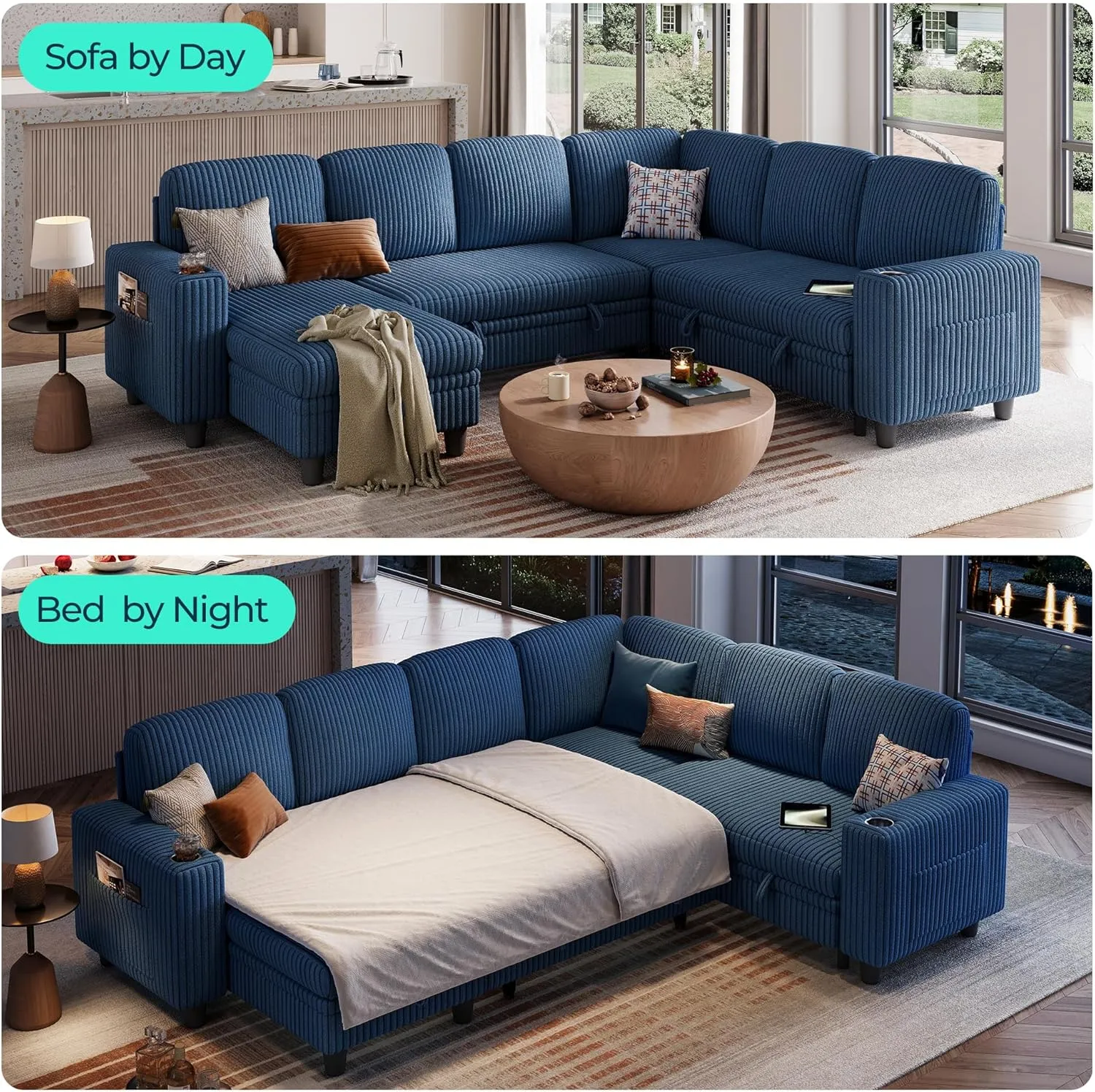 LINSY HOME Sectional Sleeper Sofa with Pull Out Couch Bed - Convertible Plush Corduroy Cloud Couch with Storage Chaise & USB Charging, Oversized Comfy Modular Couches for Living Room, Blue