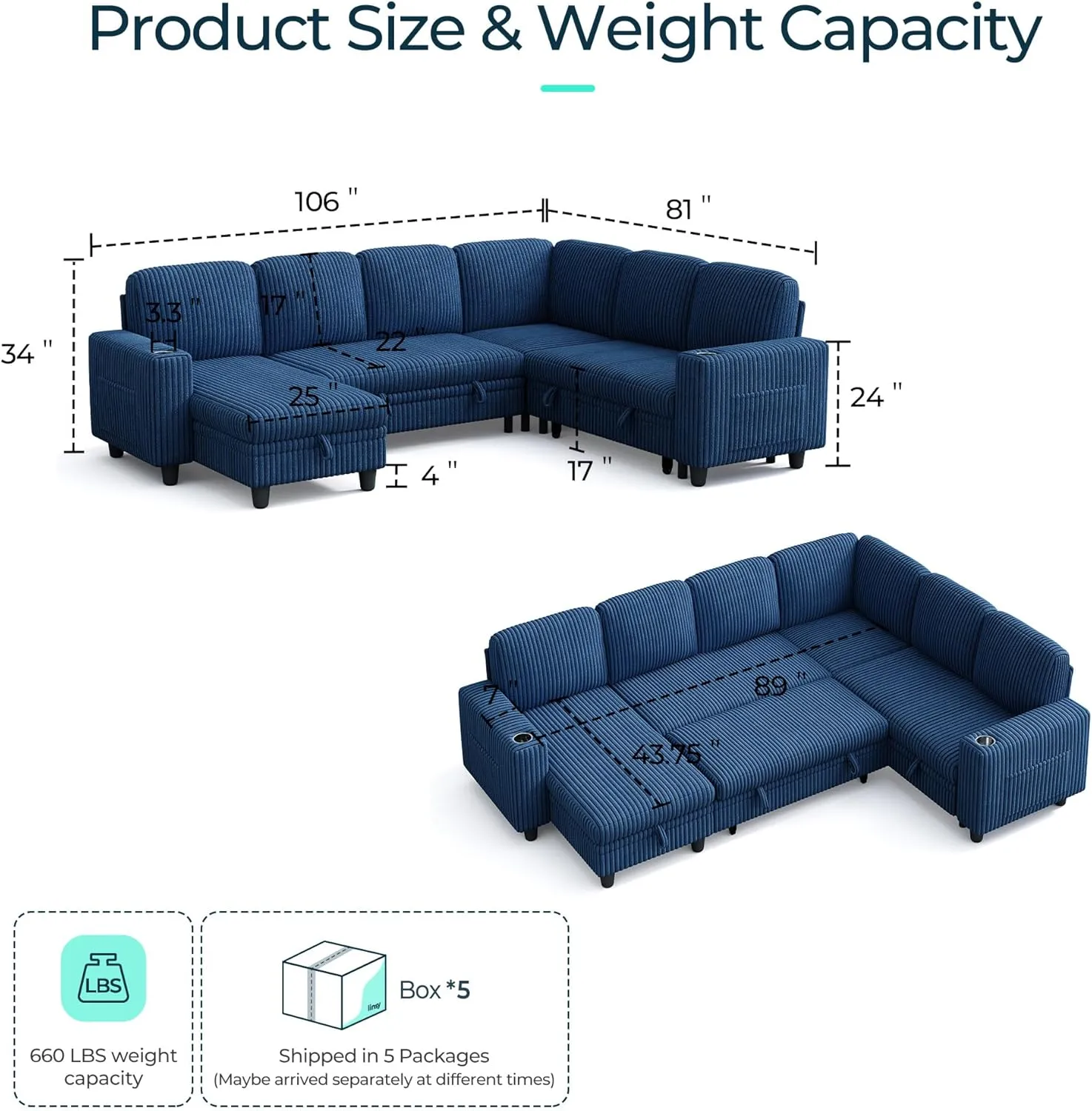 LINSY HOME Sectional Sleeper Sofa with Pull Out Couch Bed - Convertible Plush Corduroy Cloud Couch with Storage Chaise & USB Charging, Oversized Comfy Modular Couches for Living Room, Blue