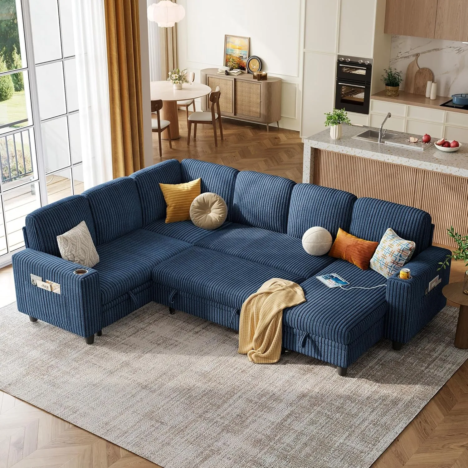 LINSY HOME Sectional Sleeper Sofa with Pull Out Couch Bed - Convertible Plush Corduroy Cloud Couch with Storage Chaise & USB Charging, Oversized Comfy Modular Couches for Living Room, Blue