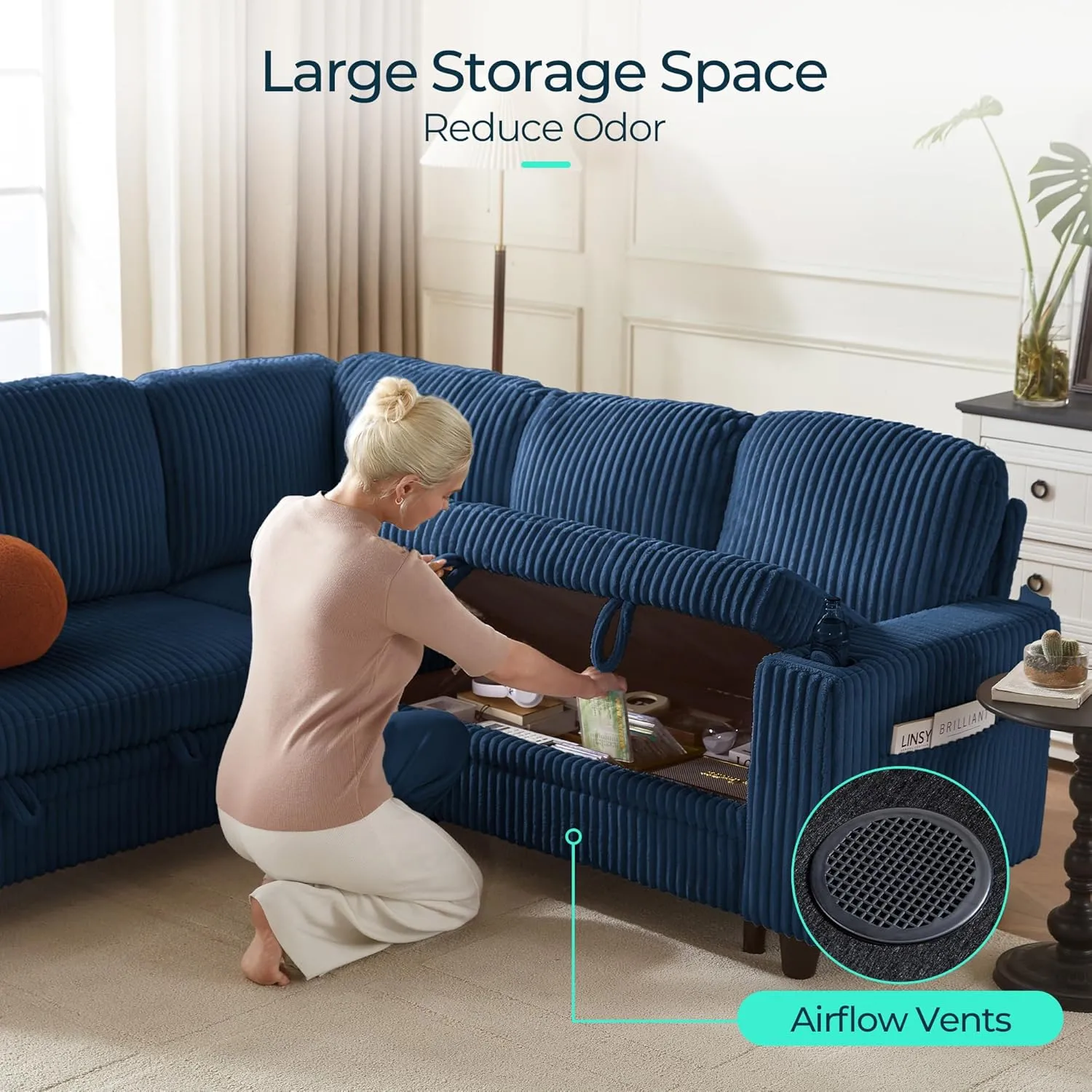 LINSY HOME Sectional Sleeper Sofa with Pull Out Couch Bed - Convertible Plush Corduroy Cloud Couch with Storage Chaise & USB Charging, Oversized Comfy Modular Couches for Living Room, Blue