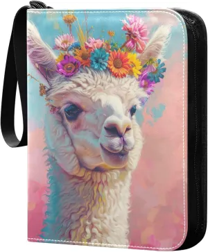 Llama Painting Card Binder 4 Pocket Trading Card Album Fits 400 Sports/Game Cards, PU Cover 3 Ring Card Collection with 50 Removable Sleeves
