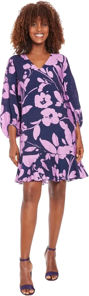 London Times Women's V-Neck High Low Bishop Flounce Shift