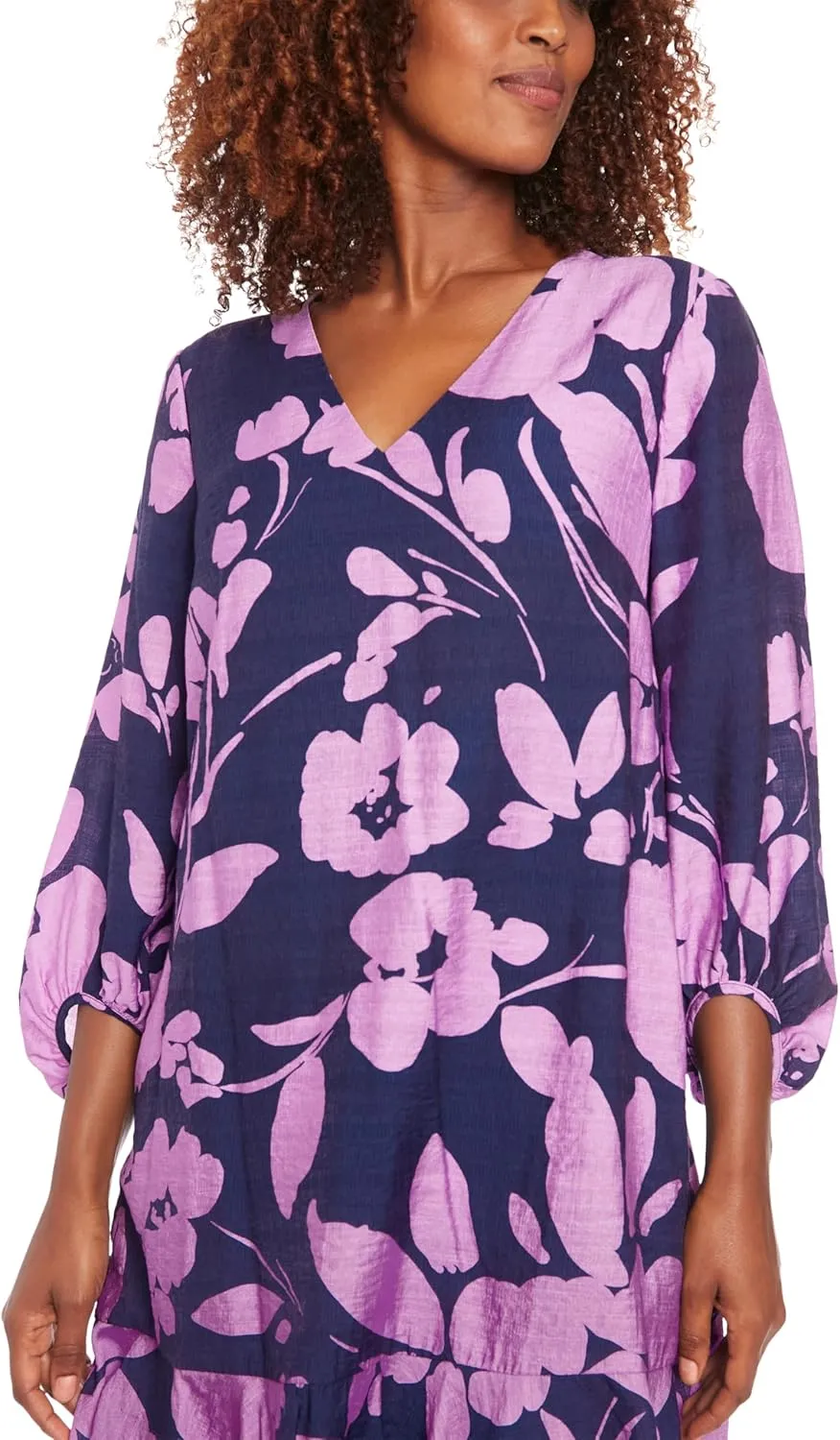 London Times Women's V-Neck High Low Bishop Flounce Shift