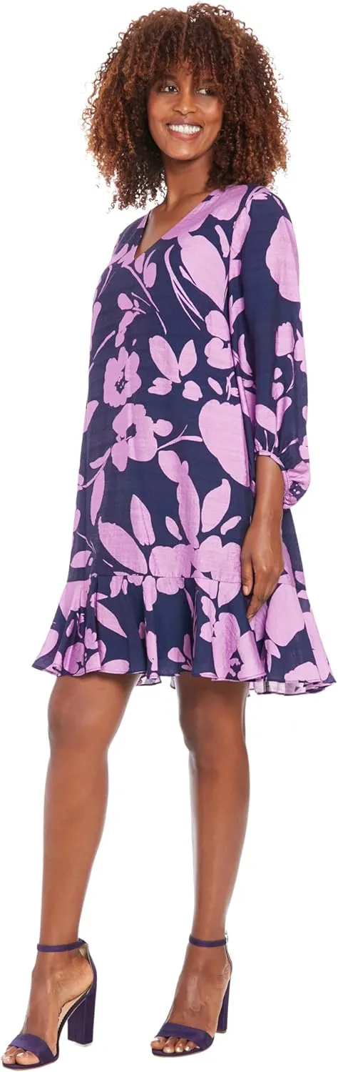 London Times Women's V-Neck High Low Bishop Flounce Shift