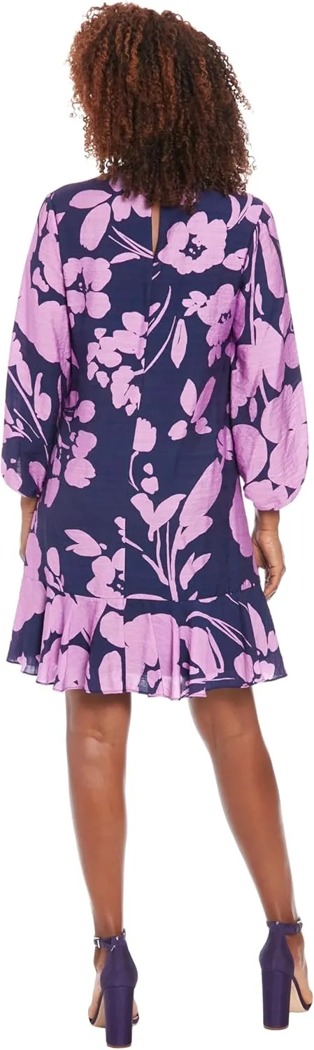 London Times Women's V-Neck High Low Bishop Flounce Shift