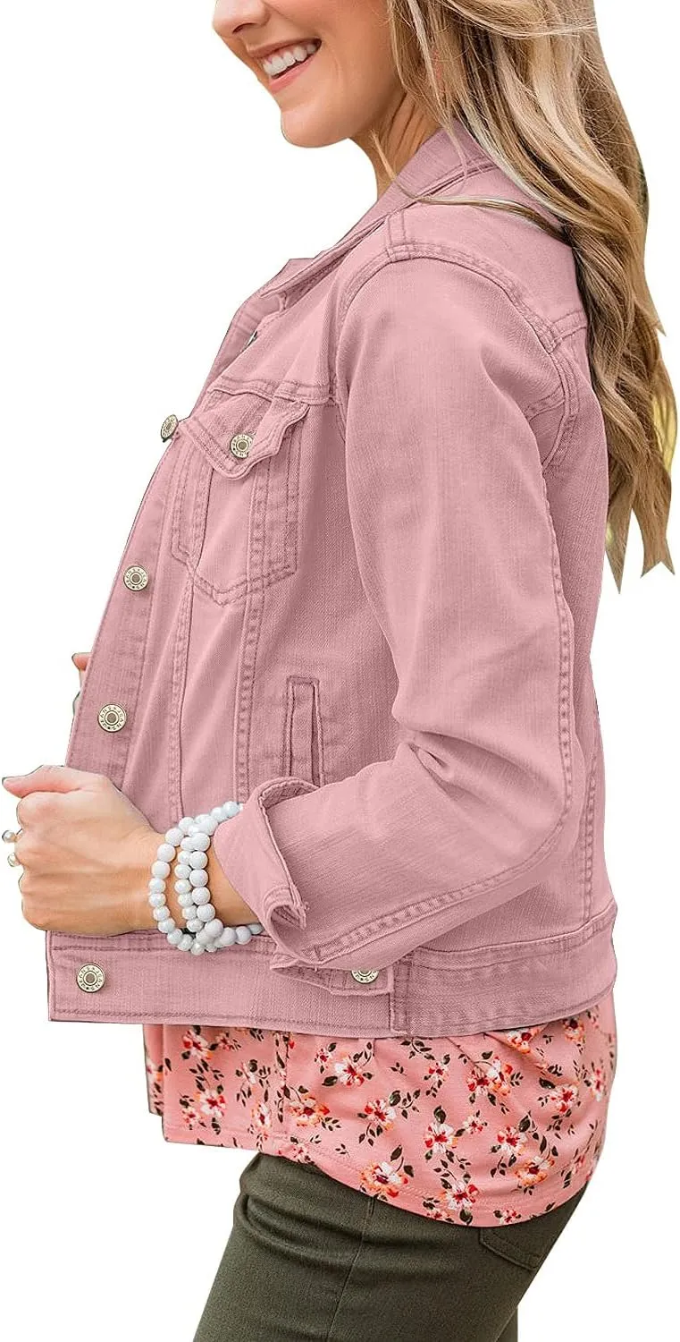 LookbookStore Women's Basic Long Sleeves Button Down Fitted Denim Jean Jackets