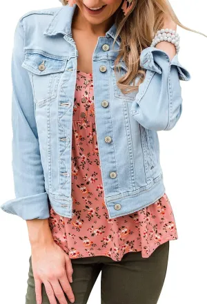 LookbookStore Women's Basic Long Sleeves Button Down Fitted Denim Jean Jackets