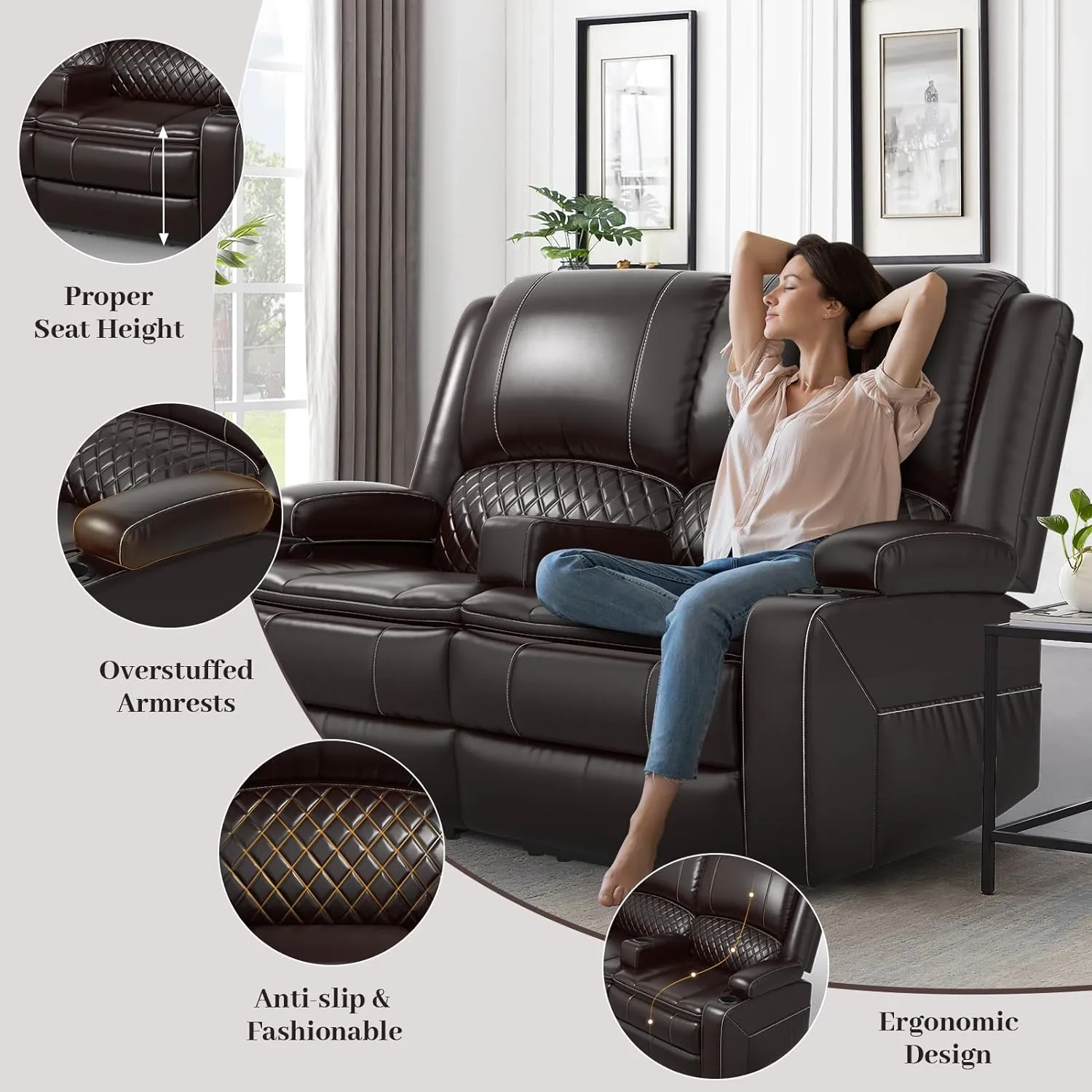 Loveseat Recliner Sofa, Manual Reclining Loveseat with Removable Armrest, Faux Leather Recliner Loveseat for Adults with 2-Tier Cushions, USB Charging Ports, Cup Holders - Brown