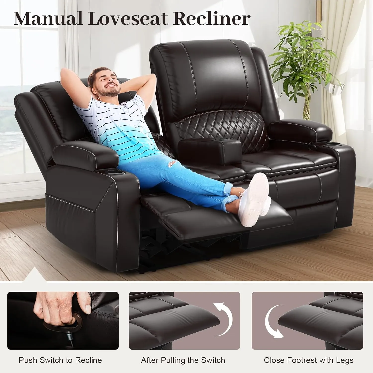 Loveseat Recliner Sofa, Manual Reclining Loveseat with Removable Armrest, Faux Leather Recliner Loveseat for Adults with 2-Tier Cushions, USB Charging Ports, Cup Holders - Brown