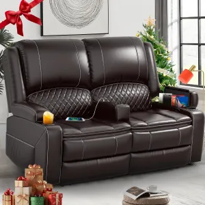 Loveseat Recliner Sofa, Manual Reclining Loveseat with Removable Armrest, Faux Leather Recliner Loveseat for Adults with 2-Tier Cushions, USB Charging Ports, Cup Holders - Brown