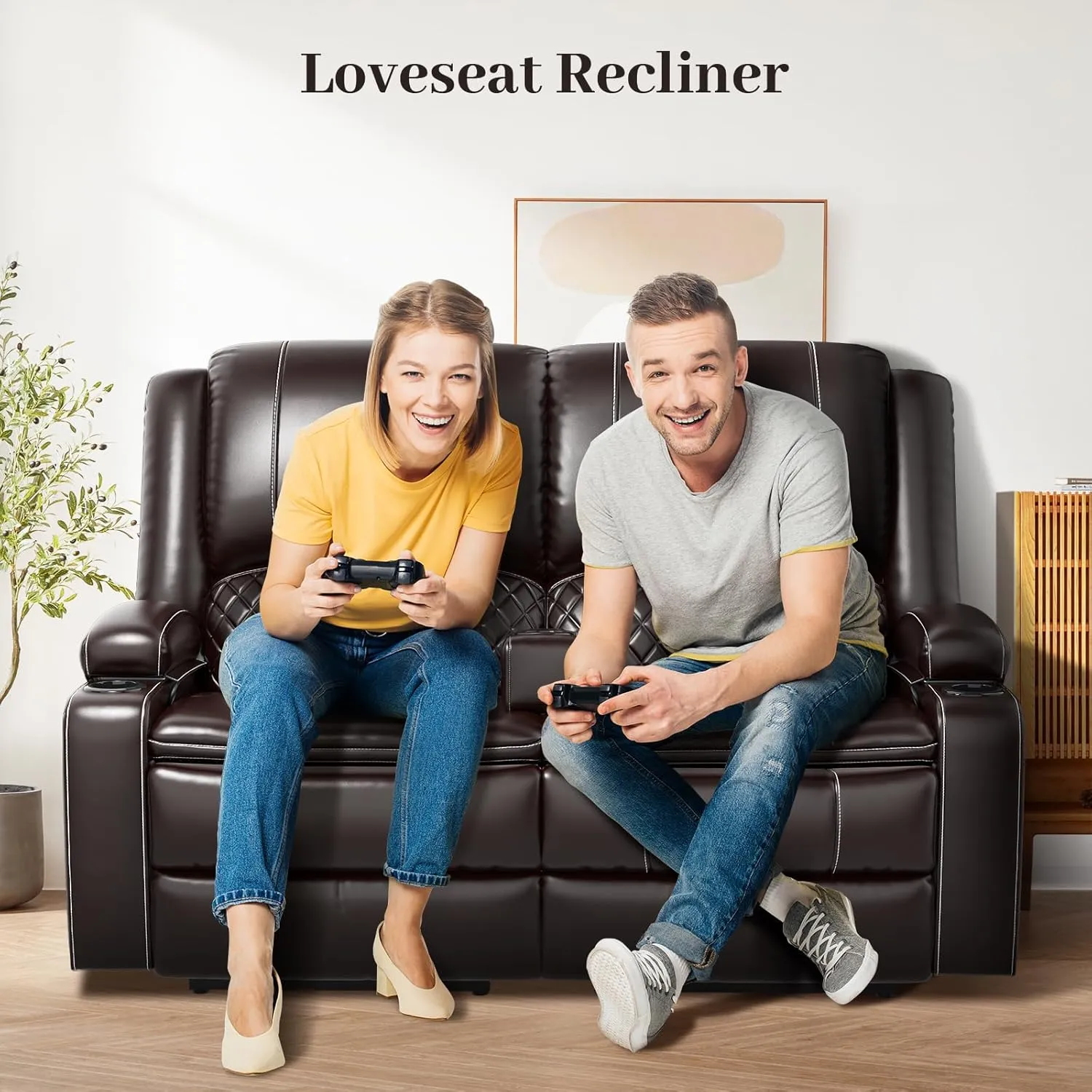 Loveseat Recliner Sofa, Manual Reclining Loveseat with Removable Armrest, Faux Leather Recliner Loveseat for Adults with 2-Tier Cushions, USB Charging Ports, Cup Holders - Brown