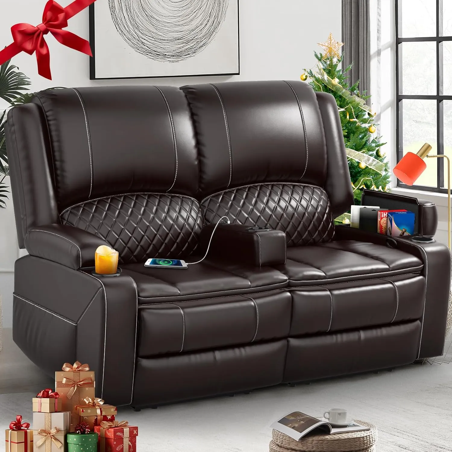 Loveseat Recliner Sofa, Manual Reclining Loveseat with Removable Armrest, Faux Leather Recliner Loveseat for Adults with 2-Tier Cushions, USB Charging Ports, Cup Holders - Brown