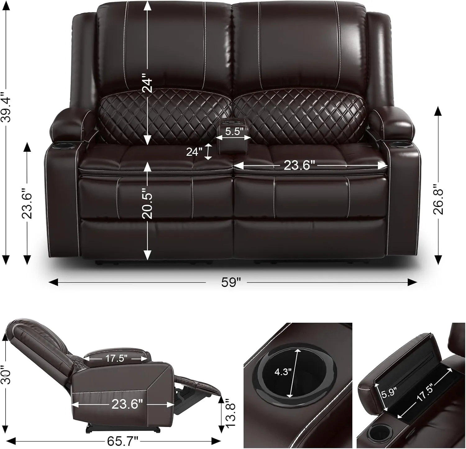 Loveseat Recliner Sofa, Manual Reclining Loveseat with Removable Armrest, Faux Leather Recliner Loveseat for Adults with 2-Tier Cushions, USB Charging Ports, Cup Holders - Brown