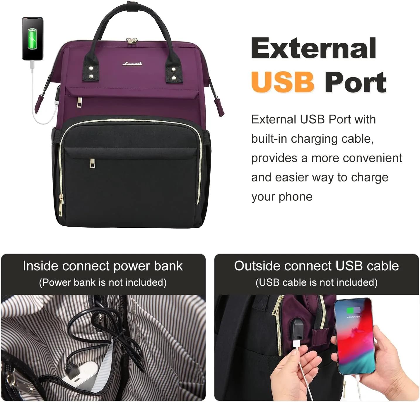 LOVEVOOK Laptop Backpack for Women Fashion Business Computer Backpacks Travel Bags Purse Doctor Nurse Work Backpack with USB Port, Fits 15.6-Inch Laptop Dark Purple-Black