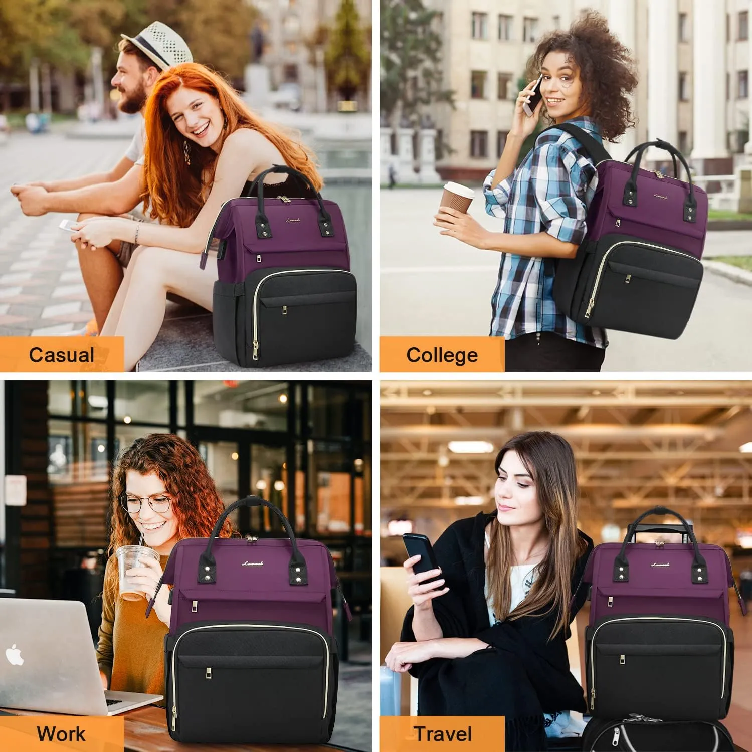 LOVEVOOK Laptop Backpack for Women Fashion Business Computer Backpacks Travel Bags Purse Doctor Nurse Work Backpack with USB Port, Fits 15.6-Inch Laptop Dark Purple-Black