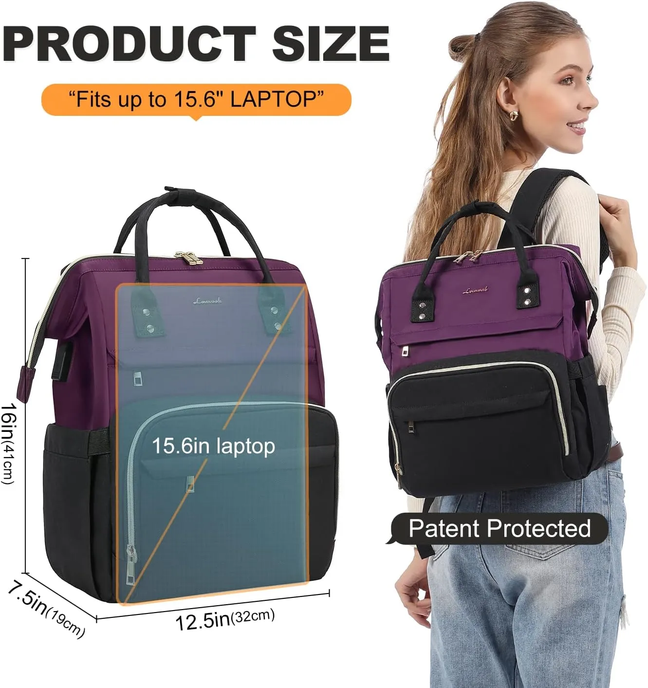 LOVEVOOK Laptop Backpack for Women Fashion Business Computer Backpacks Travel Bags Purse Doctor Nurse Work Backpack with USB Port, Fits 15.6-Inch Laptop Dark Purple-Black